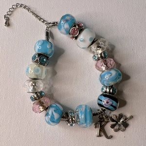Aqua and Pink Clover with K charm bracelet